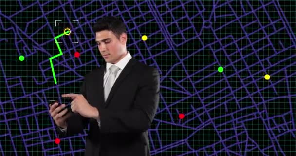 Caucasian Businessman Using Smartphone Navigation Map Line Scheme Black Background — ストック動画