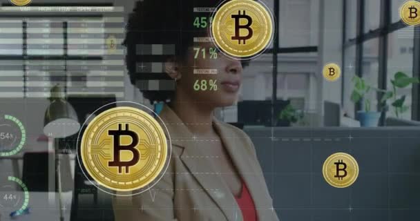 Animation Bitcoins Financial Data Processing Statistics Biracial Businesswoman Global Business — 비디오