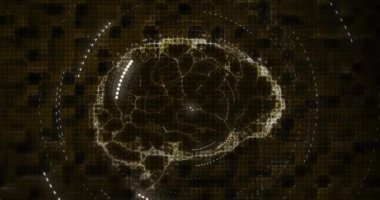 Light trails over human brain spinning against brown background. medical research and science technology concept
