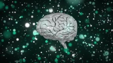 İnsan beyni siyah arkaplanda yeşil ışık noktalarına karşı dönüyor. tıbbi araştırma ve bilim teknolojisi kavramı