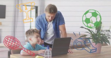 Animation of sport icons over caucasian father and son learning at home. school and education during covid 19 pandemic concept digitally generated video.
