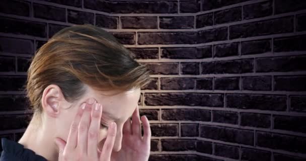 Close View Stressed Caucasian Woman Holding Her Head Brick Wall — Stockvideo