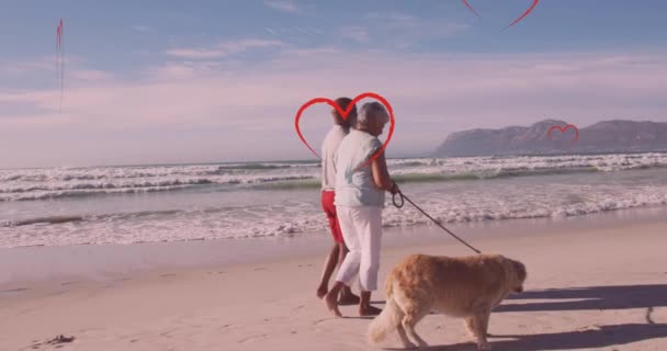 Animation Hearts Senior Αφροαμερικάνικο Ζευγάρι Σκύλο Στην Ηλιόλουστη Παραλία Υγιή — Αρχείο Βίντεο