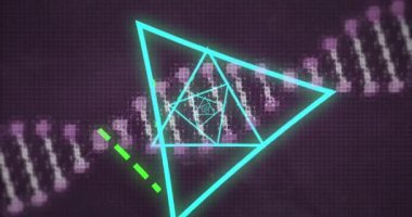 Şekillerin üzerindeki DNA iplikçiklerinin animasyonu. küresel iş ve dijital arayüz kavramı dijital olarak oluşturulmuş video.