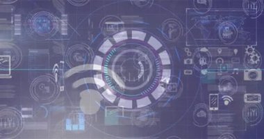 Mavi arkaplanda veri işleme animasyonu. küresel iş ve dijital arayüz kavramı dijital olarak oluşturulmuş video.