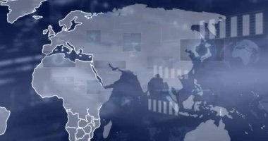 Animation of data processing over blurred background. global business and digital interface concept digitally generated video.