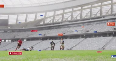 Stadyumda oynayan çeşitli erkek rugby oyuncularının medya simgelerinin canlandırılması. küresel iş, spor ve dijital arayüz kavramı dijital olarak oluşturulmuş video.