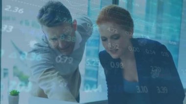 Animation of data processing over caucasian business people talking. global business and digital interface concept digitally generated video.