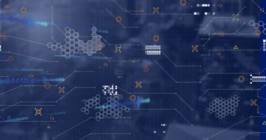 Bulanık arkaplanda veri işleme animasyonu. küresel iş ve dijital arayüz kavramı dijital olarak oluşturulmuş video.