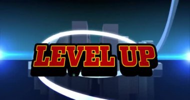 Şehir manzarası üzerinde seviye yükseltilmiş metin canlandırması. Sosyal medya ve dijital arayüz kavramı dijital olarak oluşturulmuş video.