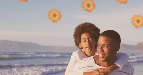 Animation Flowers Happy African American Father Son Sunny Beach Healthy — Stock video