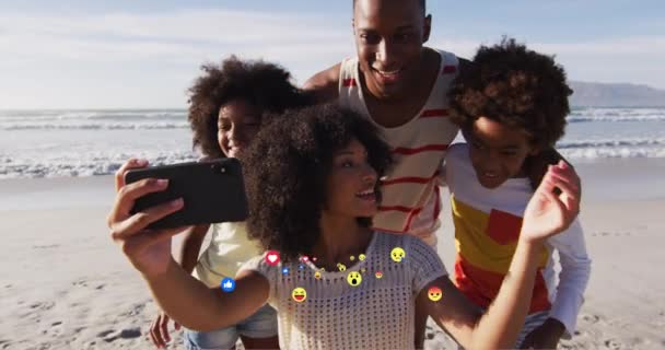 Animation Media Icons Happy African American Family Taking Selfie Sunny — Stock Video