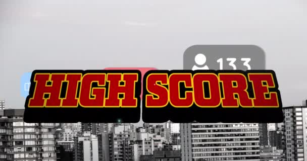 Animation Von Highscore Text Über Stadtbild Social Media Und Digitales — Stockvideo