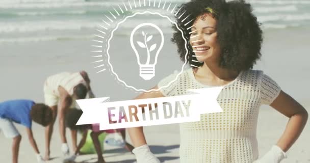 Animation Earth Day Text Happy African American Family Picking Waste — Αρχείο Βίντεο
