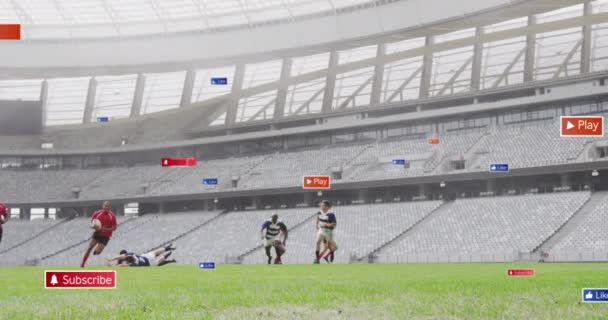 Animation Media Icons Diverse Male Rugby Players Playing Stadium Global — Stockvideo