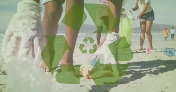 Анимация Иконы Переработки Над Африканской Семьей Собирающей Отходы Солнечном Пляже — стоковое видео