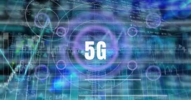 Veri işleme üzerinden 5G metin animasyonu. küresel iş ve dijital arayüz kavramı dijital olarak oluşturulmuş video.