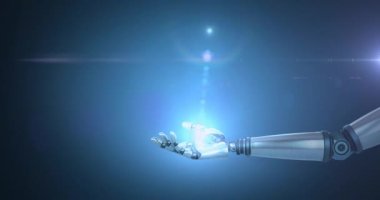 Mavi arka planda robotik kol ve ışık noktaları animasyonu. küresel iş ve dijital arayüz kavramı dijital olarak oluşturulmuş video.