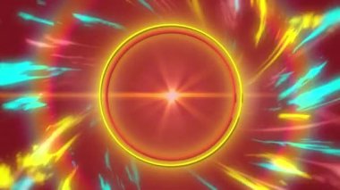 Siyah zemin üzerindeki neon yuvarlak tarayıcının üzerindeki kırmızı nokta ışıklarının animasyonu. Renk ve hareket kavramı dijital olarak oluşturulmuş video.