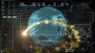 Veri işleme üzerinde dünyanın animasyonu. Dijital arayüz ve ağ konsepti dijital olarak oluşturulmuş video bağlantıları.