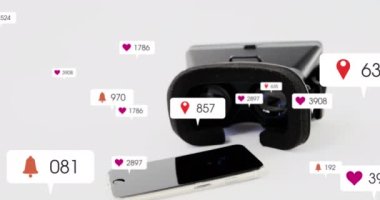 Animation of media icons over vr headset. global business, sport and digital interface concept digitally generated video.
