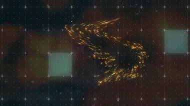 Işık izlerinin ve siyah arkaplandaki şekillerin üzerindeki ışık noktalarının animasyonu. küresel teknoloji, ışık ve şablon kavramı dijital olarak oluşturulmuş video.