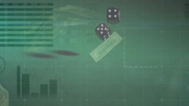 Animation of data processing over banknotes and dices. global business, gambling and digital interface concept digitally generated video.