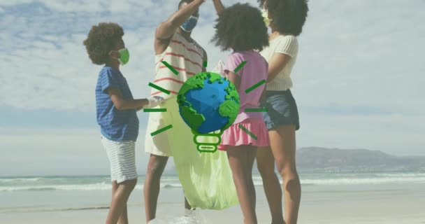 Animation Globe African American Family Face Masks Picking Waste Sunny — Stock video