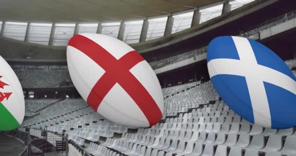 Animasi Bola Rugby Dengan Bendera Nasional Atas Stadion Global Sport — Stok Video