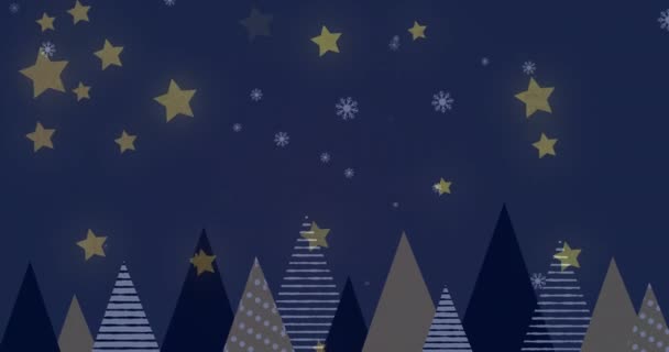 Animering Stjärnor Över Julgranar Jul Fest Och Digitalt Gränssnitt Koncept — Stockvideo