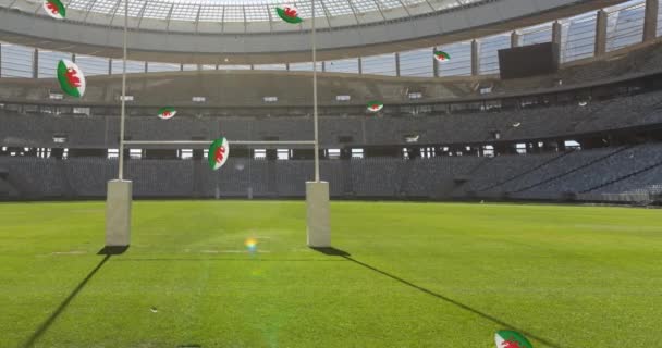 Animatie Van Rugbyballen Met Vlag Van Wales Het Stadion Global — Stockvideo