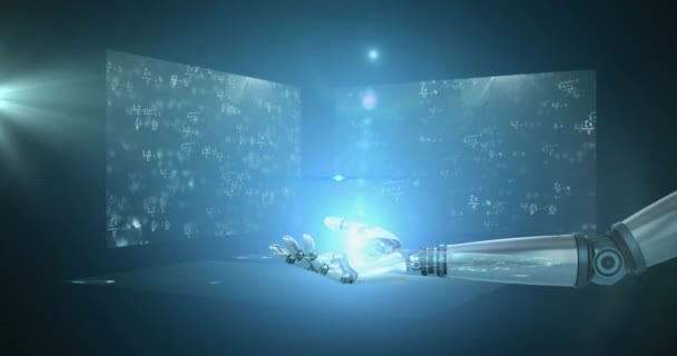 Animación Brazo Robótico Manchas Luz Sobre Fondo Azul Concepto Interfaz — Vídeos de Stock
