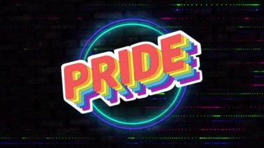 Aydınlık daireler ve siyah arkaplan üzerindeki iz üzerindeki gurur metninin animasyonu. küresel teknoloji, ışık ve şablon kavramı dijital olarak oluşturulmuş video.