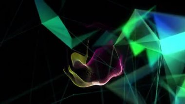 Siyah arkaplanda şekillerin ve bağlantıların animasyonu. küresel teknoloji, ışık ve şablon kavramı dijital olarak oluşturulmuş video.