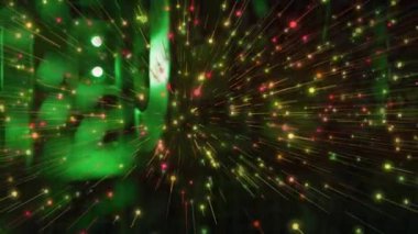 Siyah arka planda ışık noktaları ve izlerin canlandırılması. küresel teknoloji, ışık ve şablon kavramı dijital olarak oluşturulmuş video.