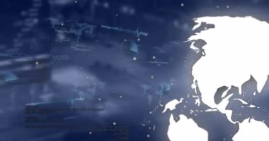 Bulanık arkaplanda veri işleme animasyonu. küresel iş ve dijital arayüz kavramı dijital olarak oluşturulmuş video.