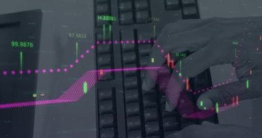 Klavye kullanılarak elde veri işleme animasyonu. küresel iş ve dijital arayüz kavramı dijital olarak oluşturulmuş video.