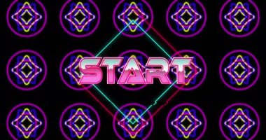 Siyah arkaplan üzerindeki şekiller üzerinden başlangıç metninin canlandırması. küresel sosyal medya, ışık ve şablon kavramı dijital olarak oluşturulmuş video.