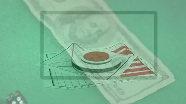 在钞票和附录上对数据处理进行动画 全球商业 赌博和数字界面概念数字生成视频 — 图库视频影像