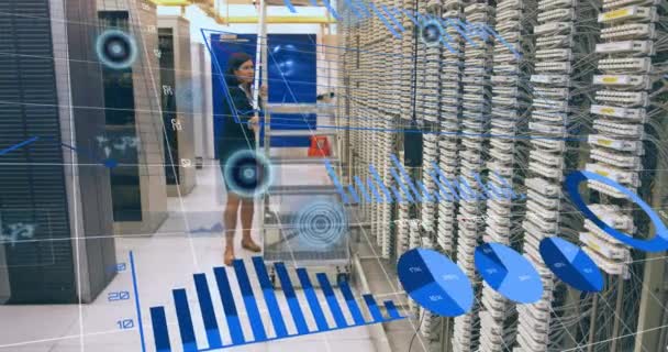 Animation Data Processing Biracial Female Worker Server Room Global Business — Vídeo de Stock