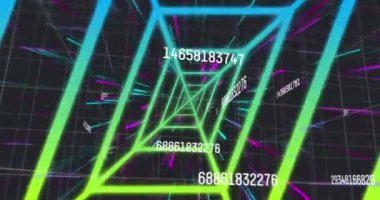 Siyah arkaplandaki şekiller üzerinde veri işleme animasyonları. küresel sosyal medya, ışık ve şablon kavramı dijital olarak oluşturulmuş video.