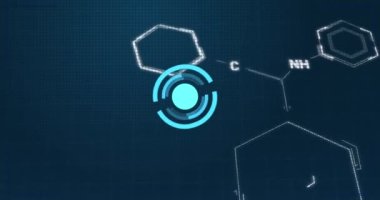 Animation of data processing over chemical formula on black background. global science, technology and digital interface concept digitally generated video.