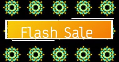 Siyah arkaplandaki şekiller üzerinden flash satış metninin animasyonu. küresel sosyal medya, ışık ve şablon kavramı dijital olarak oluşturulmuş video.