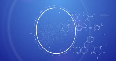 Mavi arka planda veri işleme ve kimyasal formüllerin animasyonu. küresel bilim, teknoloji ve dijital arayüz kavramı dijital olarak oluşturulmuş video.