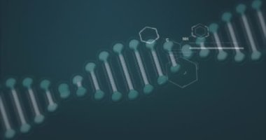 Siyah zemin üzerinde kimyasal formülle DNA ipliği ve veri işleme animasyonu. küresel bilim, teknoloji ve dijital arayüz kavramı dijital olarak oluşturulmuş video.
