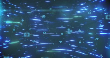 Parlayan dünya üzerindeki dijital simgelerin görüntüsü. Dijital olarak oluşturulmuş küresel veri işleme kavramı.