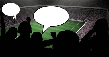 Spor fanatikleri üzerinde altın konfeti ve spor stadyumunda fotokopi alanı olan konuşma balonu. rekabet, spor ve yarışma konsepti dijital olarak oluşturulmuş imaj.