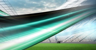 Spor stadyumundaki yeşil ışık yollarından düşen altın konfetilerin görüntüsü. rekabet, spor ve yarışma konsepti dijital olarak oluşturulmuş imaj.