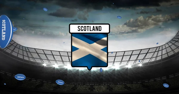 Imagen Confeti Bandera Escocia Sobre Pelotas Rugby Cayendo Estadio Concepto — Foto de Stock