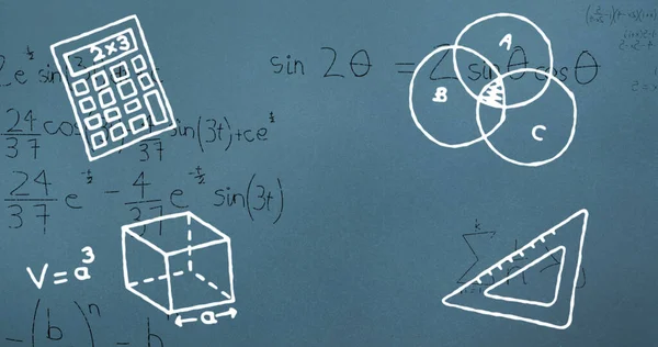 Bild Des Globus Über Mathematischen Gleichungen Blauem Notizbuch Bildungskonzept Für — Stockfoto